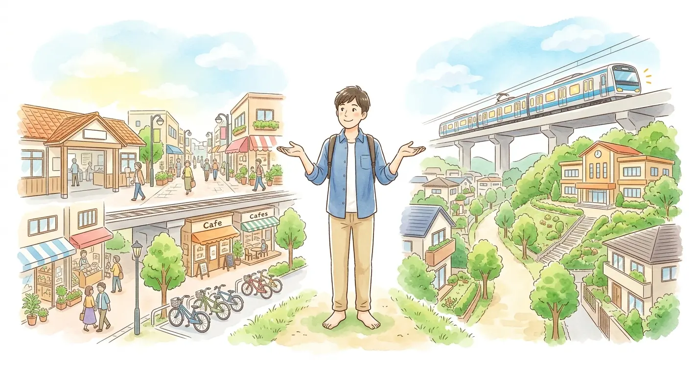 天王町と星川を見比べる男性のイラスト。平坦な天王町の商店街と坂のある星川の住宅街を左右に並べた比較の見出し画像