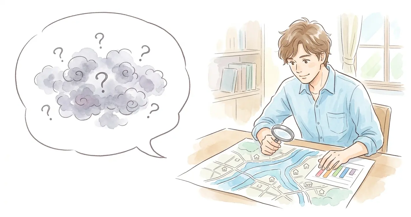 天王町の住みたくない噂を地図とグラフで検証する男性のイラスト。治安データと浸水ハザードマップを確認する見出し画像