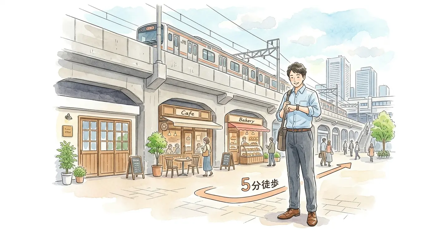 天王町駅の高架下に立つ男性と横浜方面へ向かう各駅停車のイラスト。横浜駅まで5分の近さを表した見出し画像
