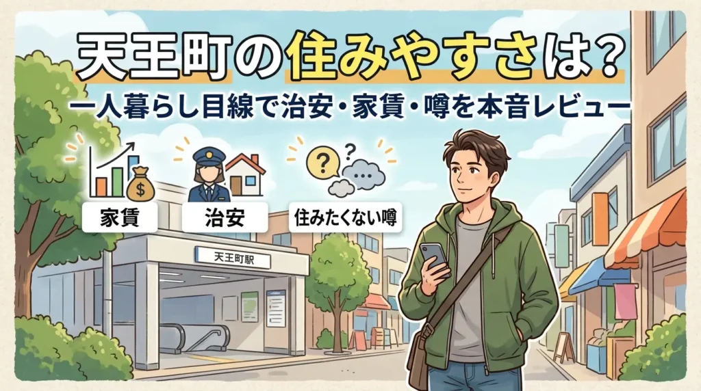 天王町の住みやすさを一人暮らし目線で解説した記事のアイキャッチ。天王町駅前でスマホを見る男性と家賃・治安・住みたくない噂の3つのポイント