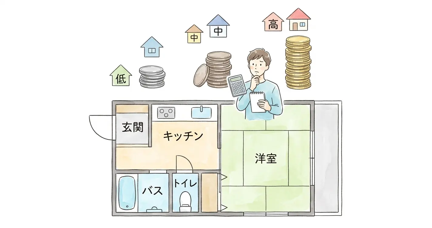 天王町の1K家賃相場を間取り図と硬貨の高さで比較したイラスト。電卓を持って家賃を計算する男性の見出し画像