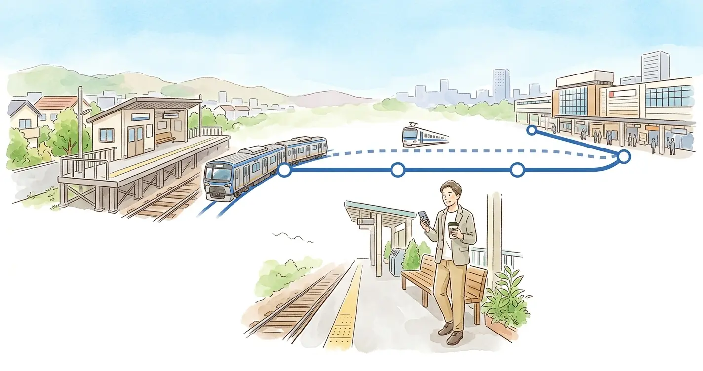 天王町駅から横浜駅まで各駅停車で3駅・約5分の通勤を路線図風に描いたイラスト。ホームでくつろぐ男性の見出し画像
