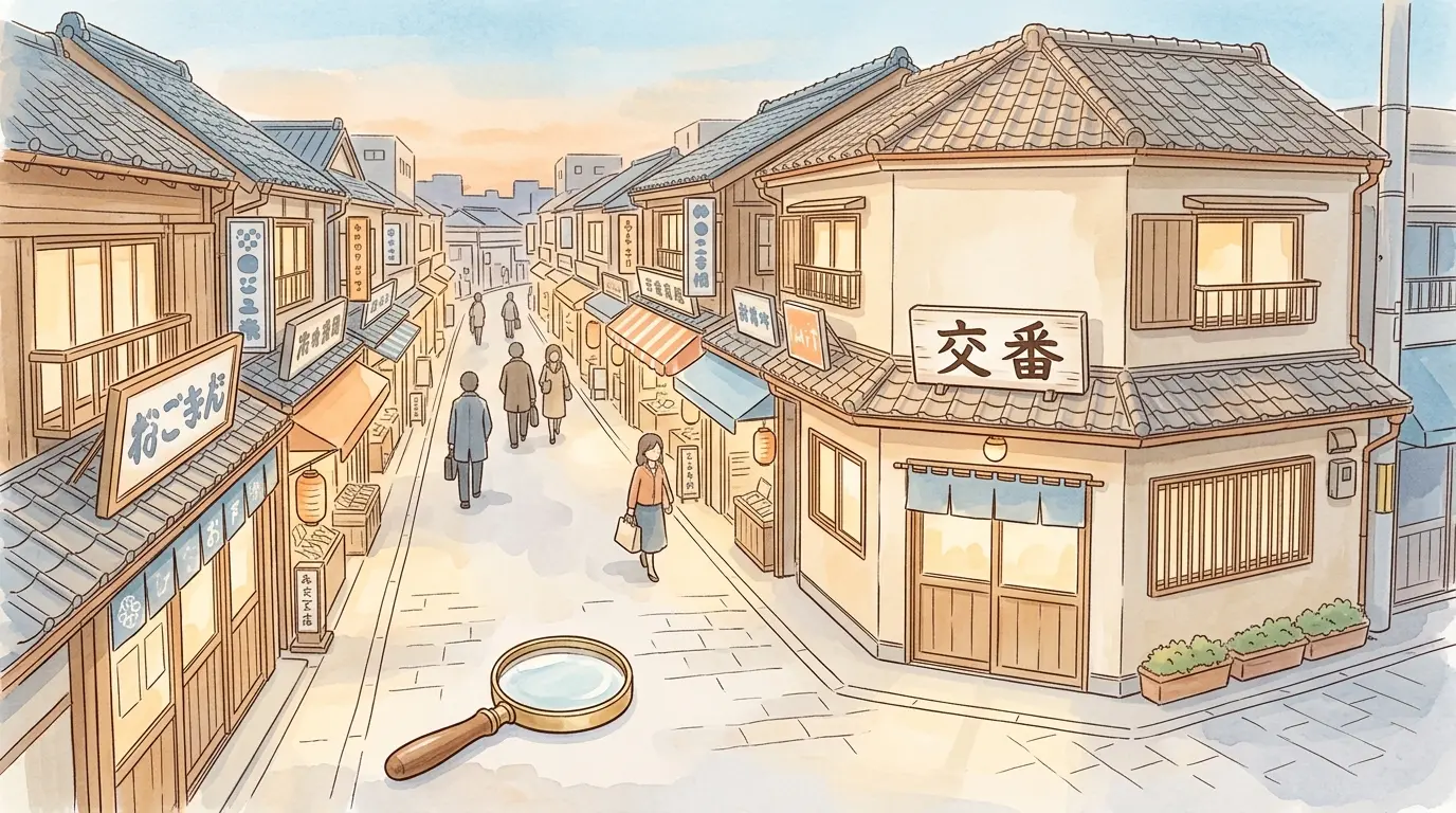 夕方の和田町駅前通りを描いたイラスト。古い商店が密集しつつ街灯と人通りがあり、角に交番がある
