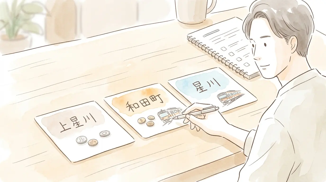 上星川・和田町・星川の3駅を比較カードで並べ、和田町を指さすイラスト。家賃と快速の中間にある駅