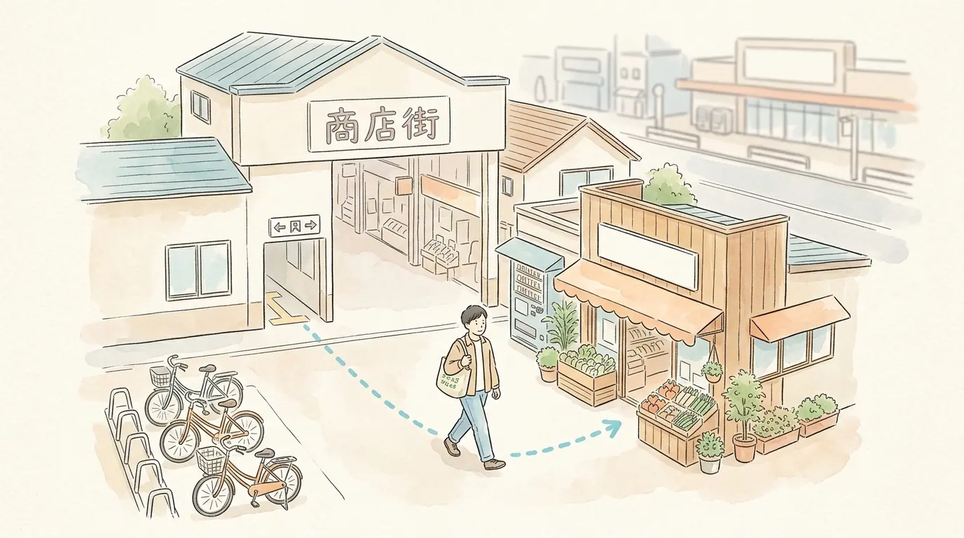 和田町駅前の小型スーパーと商店街、少し離れた大型店を俯瞰で描いた買い物環境のイラスト