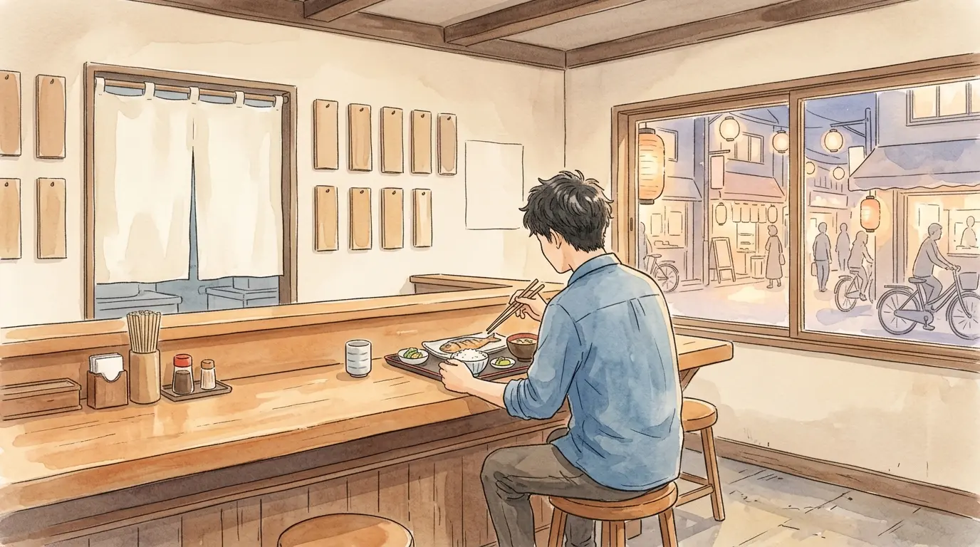 和田町駅周辺の個人経営の定食屋のカウンターで一人で食事する男性のイラスト。一人飯が気楽な街の雰囲気