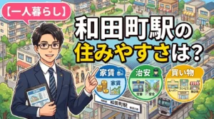 和田町駅の住みやすさを家賃・治安・買い物の3軸で検証する記事のアイキャッチ。相鉄線の駅前と商店街を描いたイラスト