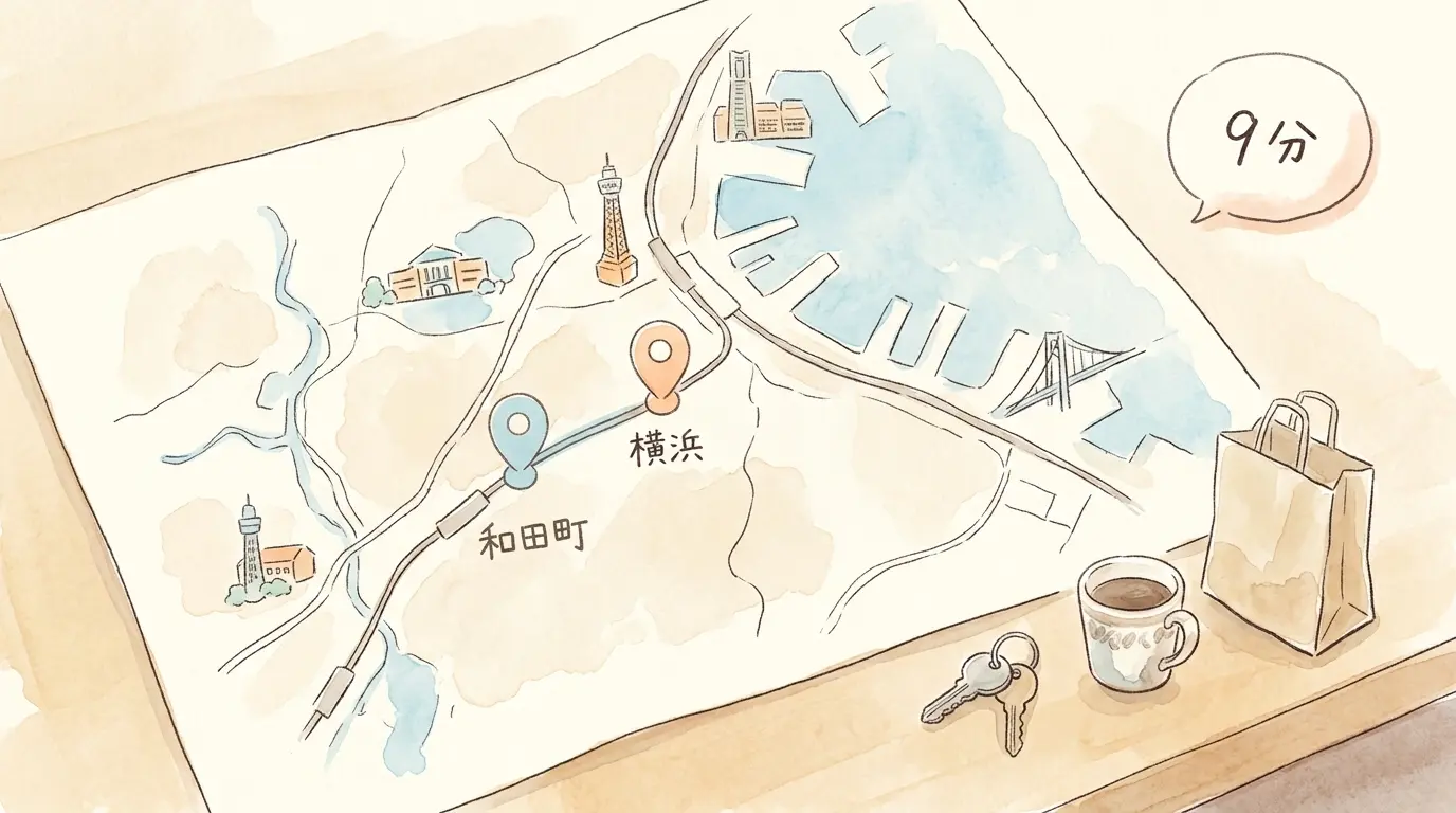 横浜駅と和田町駅を1本の線で結んだ手描き地図のイラスト。各停9分の近さを表す