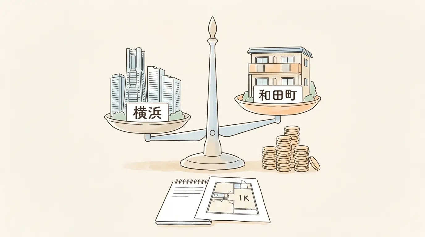 横浜駅と和田町駅の家賃差を天秤とコインの山で表したイラスト。和田町の1K相場は横浜より約4万円低い